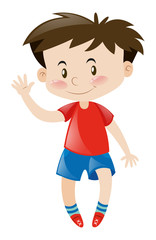 Little boy in red greeting hello