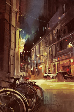 night scene of a street in city with colorful light,illustration painting
