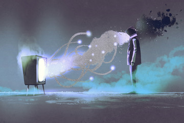 Obraz premium man standing in front of unusual television on dark background,illustration painting
