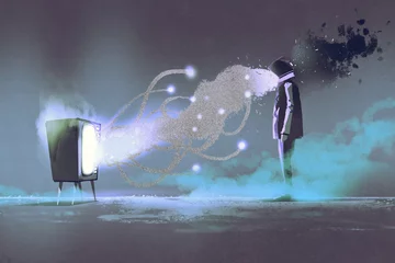 Foto auf Acrylglas man standing in front of unusual television on dark background,illustration painting © grandfailure