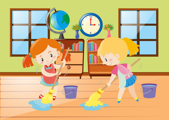 Two girls cleaning room