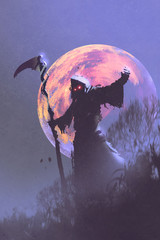 Obraz premium the death with scythe standing against night sky with full moon,halloween concept,illustration painting
