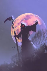 Tuinposter de dood met zeis staande tegen de nachtelijke hemel met volle maan, halloween concept, illustratie schilderij © grandfailure