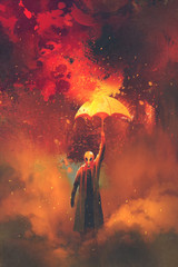 gas mask man holding burning umbrella on fire background,illustration painting