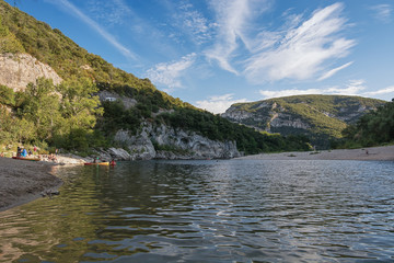 The beach near the Pont d'Arc, river Ardèche in France.