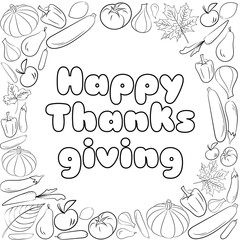 Autumn graphic card with fruits and vegetables in black and white colors. Vector Thanksgiving day design. Coloring book page design for adults and kids