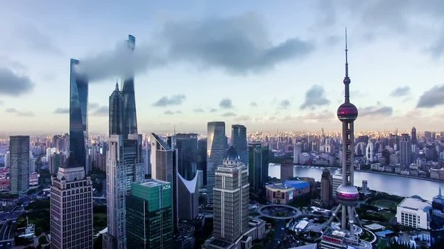  Bird view of the busy Pudong CBD in the sky at sunset,Shanghai, China
