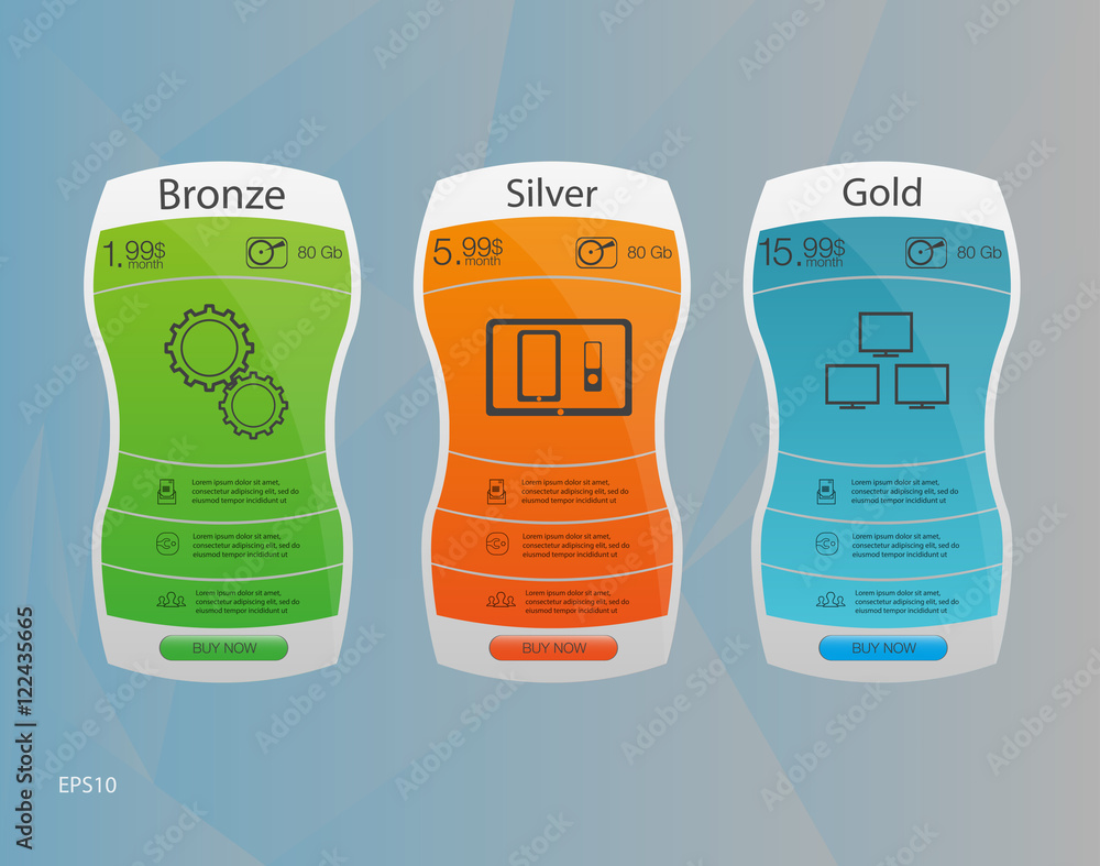 Aufkleber three tariffs banners. web pricing table. vector design for web app. price list.