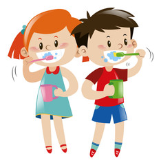 Boy and girl brushing teeth