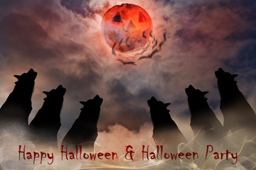 Wolf / Silhouette of wolves with moon at night. Digital retouch.