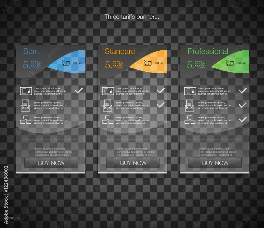 Aufkleber tariffs banners. web pricing table. vector design for web app. price list. black design.
