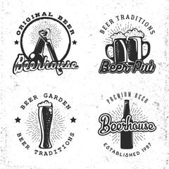 Set of logos beer concept. Labels in retro style with sunburst and lettering for brewery, beerhouses and pubs. Vector illustration.