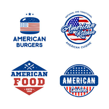 Set of retro logos american cuisine concept. Creative vector illustration for fast food, restaurant labels, emblems, badges.
