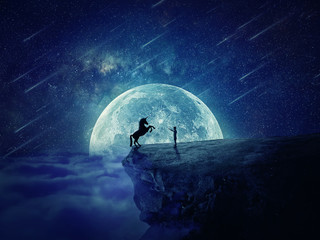 Night scene with a boy standing at the edge of a cliff chasm trying to tame a wild unicorn....