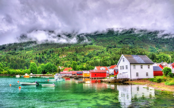 Harbor in Lustrafjorden fjord, Solvorn village - Norway