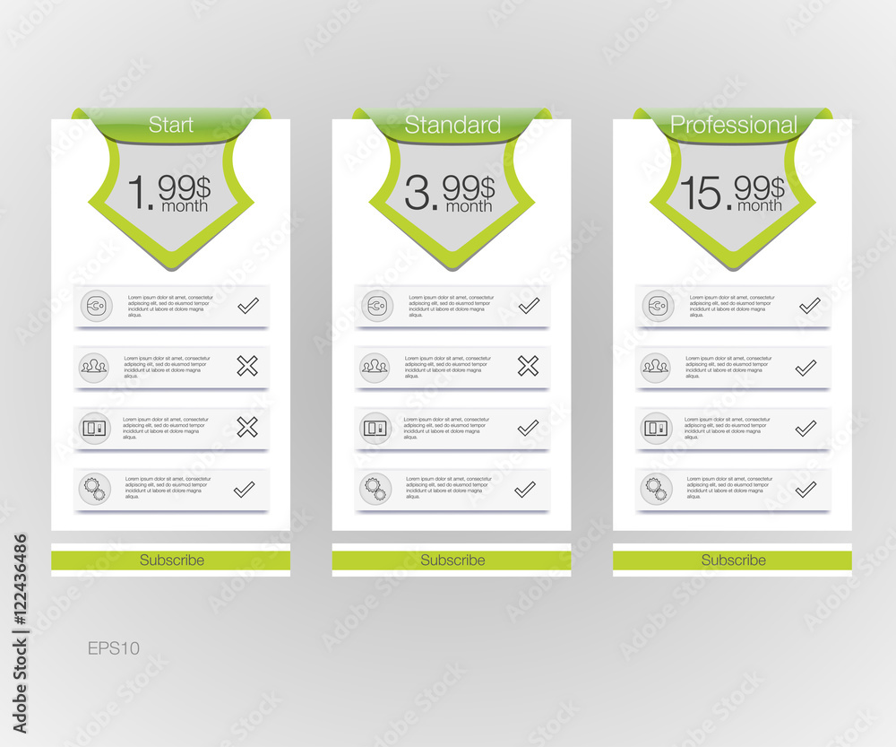 Aufkleber price list. three tariffs banners. web pricing table. vector design for web app.