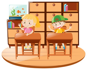Boy and girl sitting on desk in the classroom