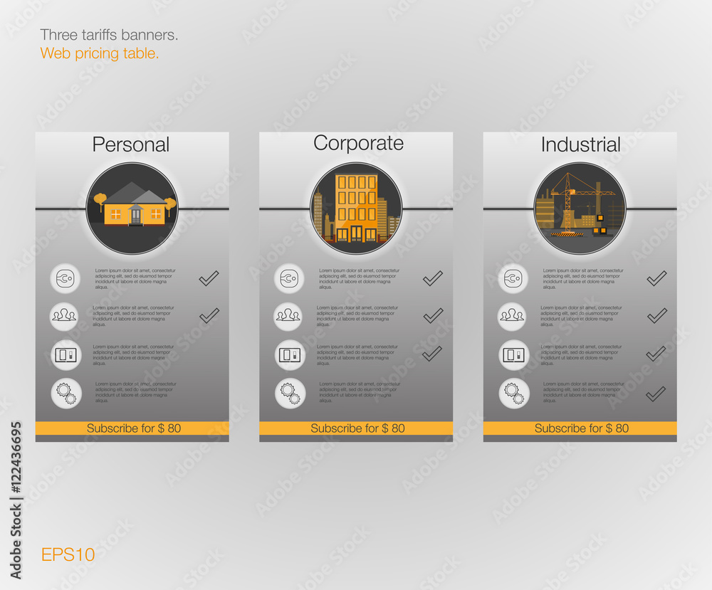 Aufkleber three banner for the tariffs and price lists. web elements. plan hosting. vector design for web app.