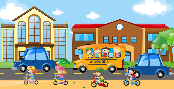 Children riding on bike and bus
