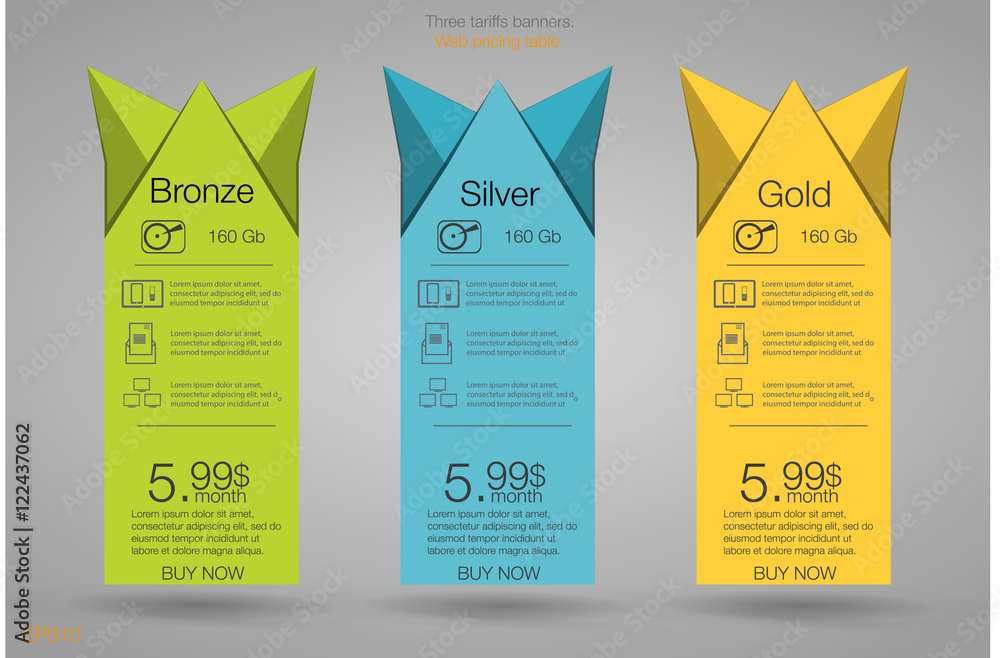 Aufkleber three banner for the tariffs and price lists. web elements. plan hosting. vector design for web app.