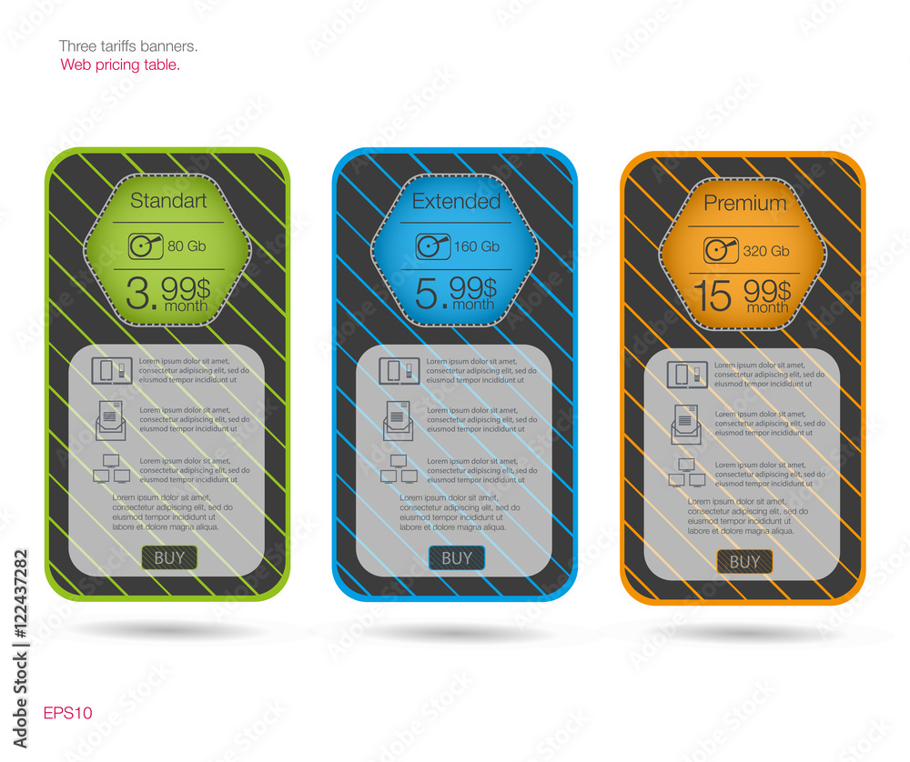 Aufkleber three banner for the tariffs and price lists. web elements. plan hosting. vector design for web app.