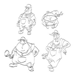 Vector black and white line drawings of plumbers and mechanics for coloring book.