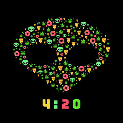 Dope trip flat vector pattern with marijuana leafs, donuts, pizza slices and aliens. Isolated on black background. T-shirt design