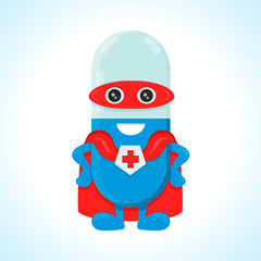 Vector flat pill character super-hero cartoon illustration. Isolated on background