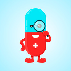 Vector flat pill character look in magnifier illustration. Isolated on background