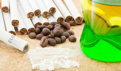 cigarettes, alcohol, coffee and drugs