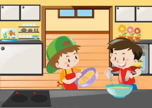 Two boys baking in kitchen