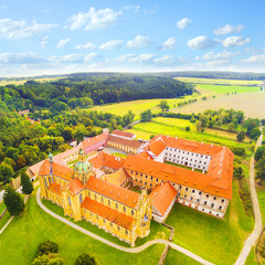 Aerial view of Benedictine monastery in Kladruby. Baroque architecture in Czech Republic. European...