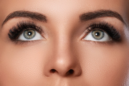 Fototapeta Female face with beautiful eyebrows and artificial eyelashes