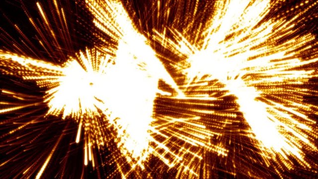 An abstract fireworks streamer blasting towards camera over a black background.