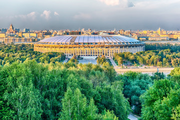 Aerial view of Luzhniki Stadium from Sparrow Hills, Moscow, Russ