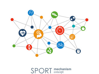 Sport mechanism concept. Football, basketball, volleyball, ball concepts. Abstract background with connected objects. Vector illustration.