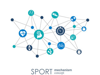 Sport mechanism concept. Football, basketball, volleyball, ball concepts. Abstract background with connected objects. Vector illustration.