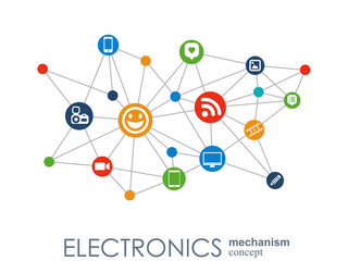 Electronics mechanism. Abstract background with connected gears and integrated flat icons. Connected symbols for laptop, monitor, phone. Vector interactive illustration