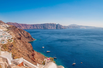 Fototapeta premium White architecture on Santorini island, Greece, Europe. Beautiful view on the sea.
