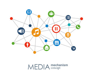 Media mechanism concept. Growth abstract background with integrated meta balls, integrated icon for digital, strategy, internet, network, connect, communicate, technology, global concepts.