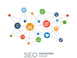 SEO mechanism concept. Abstract background with integrated gears and icons for strategy, digital, internet, network, connect, analytics, social media and global concepts.