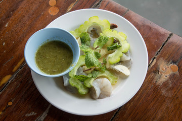 raw shrimp and spicy sauce, seafood thailand (spicy salad shrimp in fish sauce).