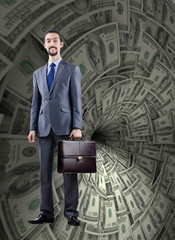 Businessman fighting against dollar funnel