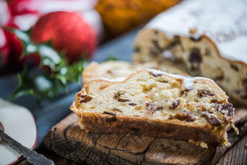 Festive Christmas cake, stollen with raisins