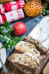 Festive Christmas cake, stollen with raisins