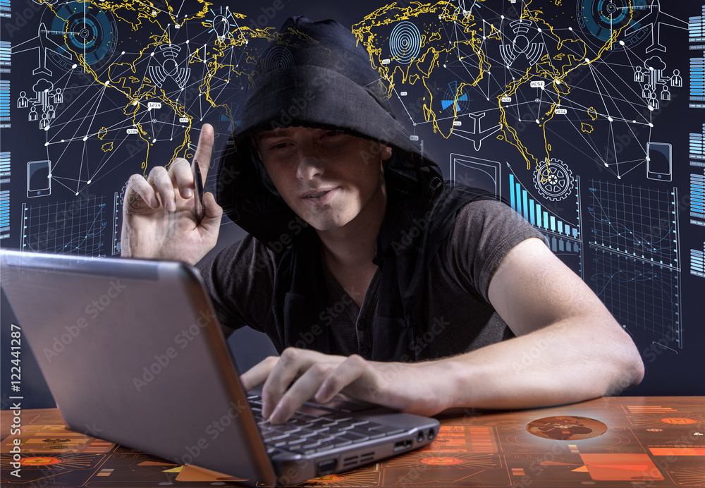 Poster young hacker in data security concept