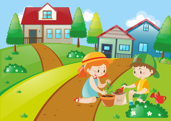 Obraz na płótnie Canvas Cute kids planting trees
