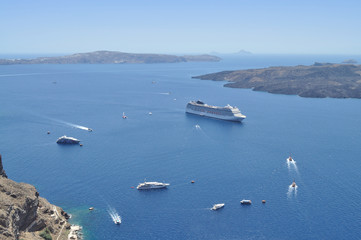 Cruise ships at the sea near the Santorini Island, Greece.