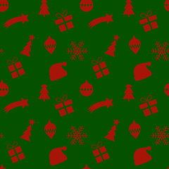 Seamless christmas pattern - red xmas symbols on dark green background