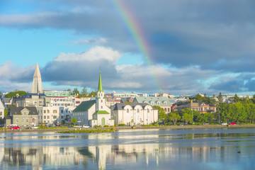 View of Reykjavik's downtown at sunset - obrazy, fototapety, plakaty